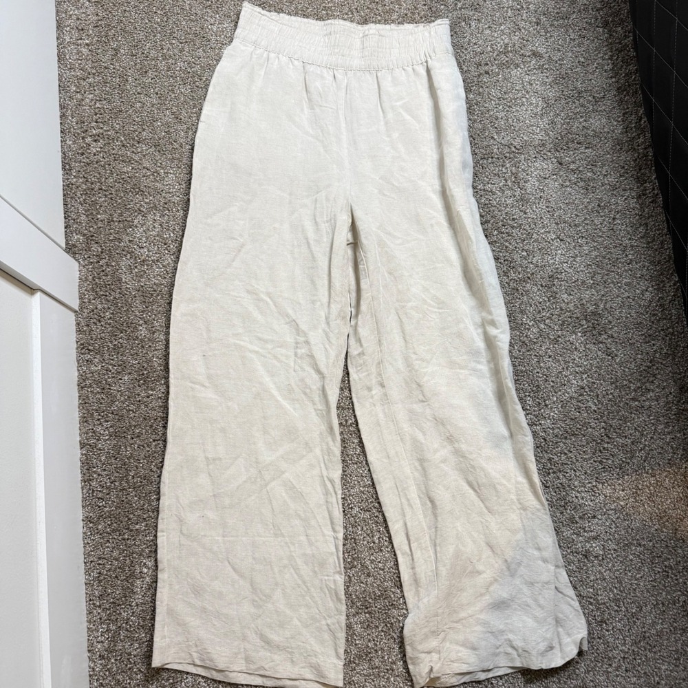 HM Linen Blend Wide Leg Pants Beige Oatmeal Smocked Elastic Waist Womens Small